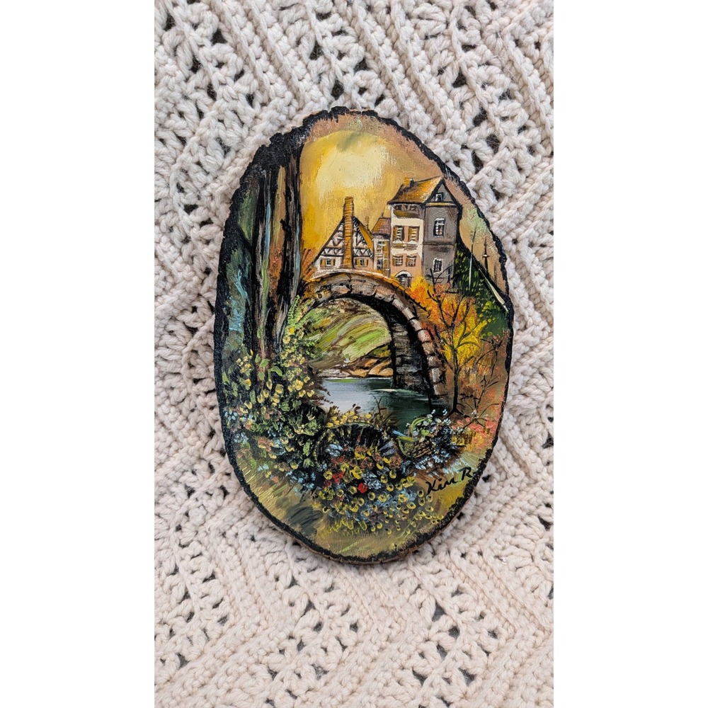 Artist Signed Hand Painted‎ Wood Slice Landscape Village Bridge Rustic Wall Art